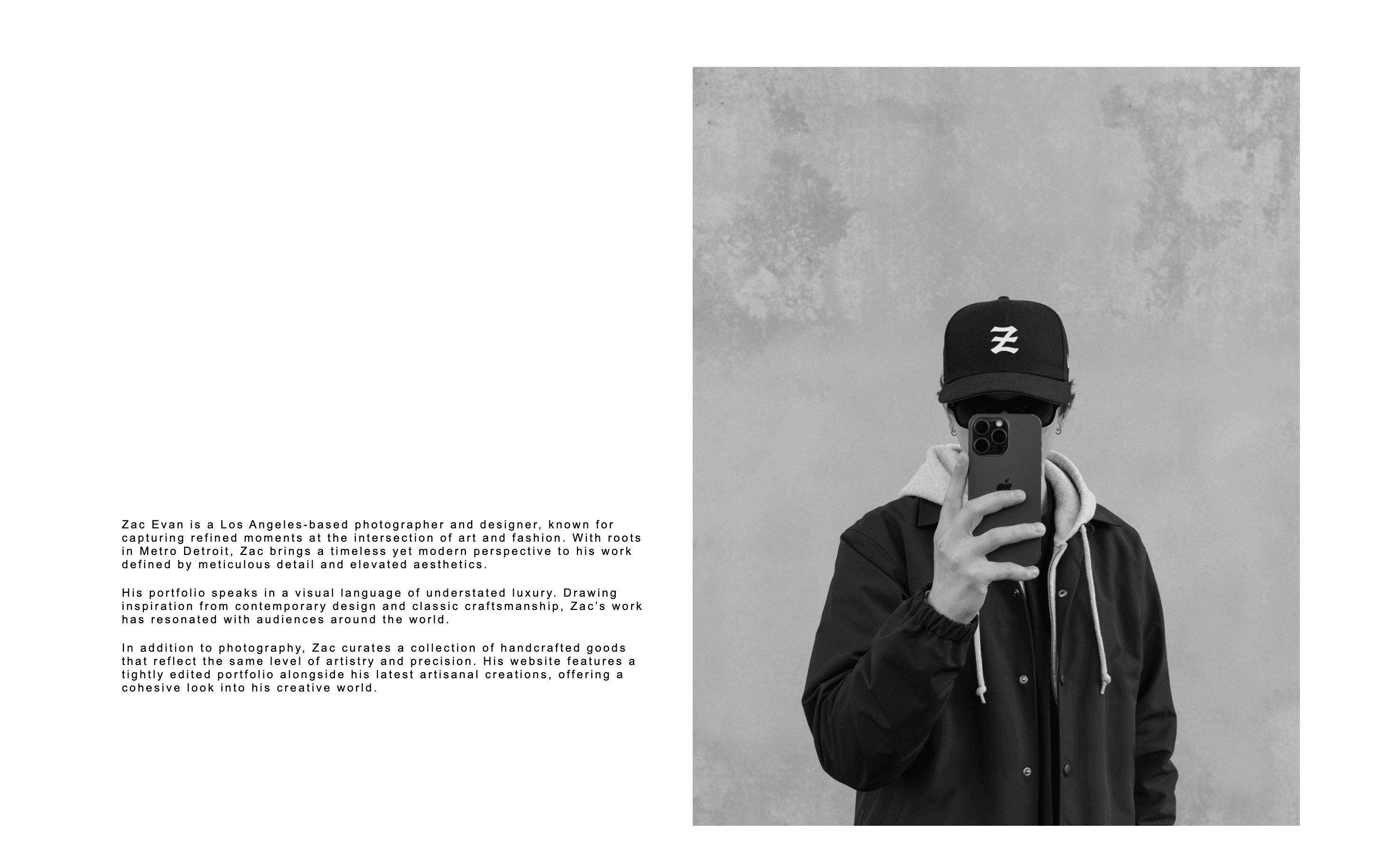 Zac Evan about page with photographer bio and portrait