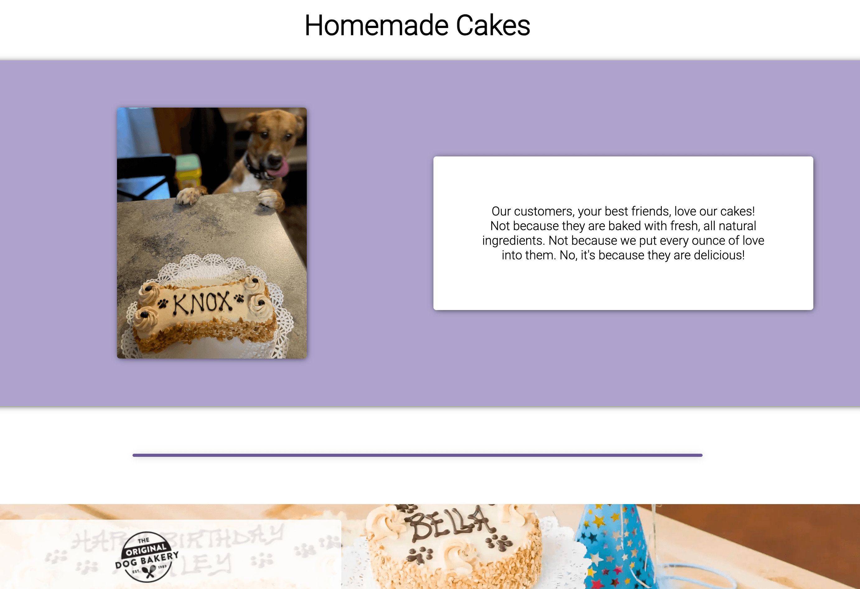 Custom dog birthday cake section on the Three Dog Bakery site