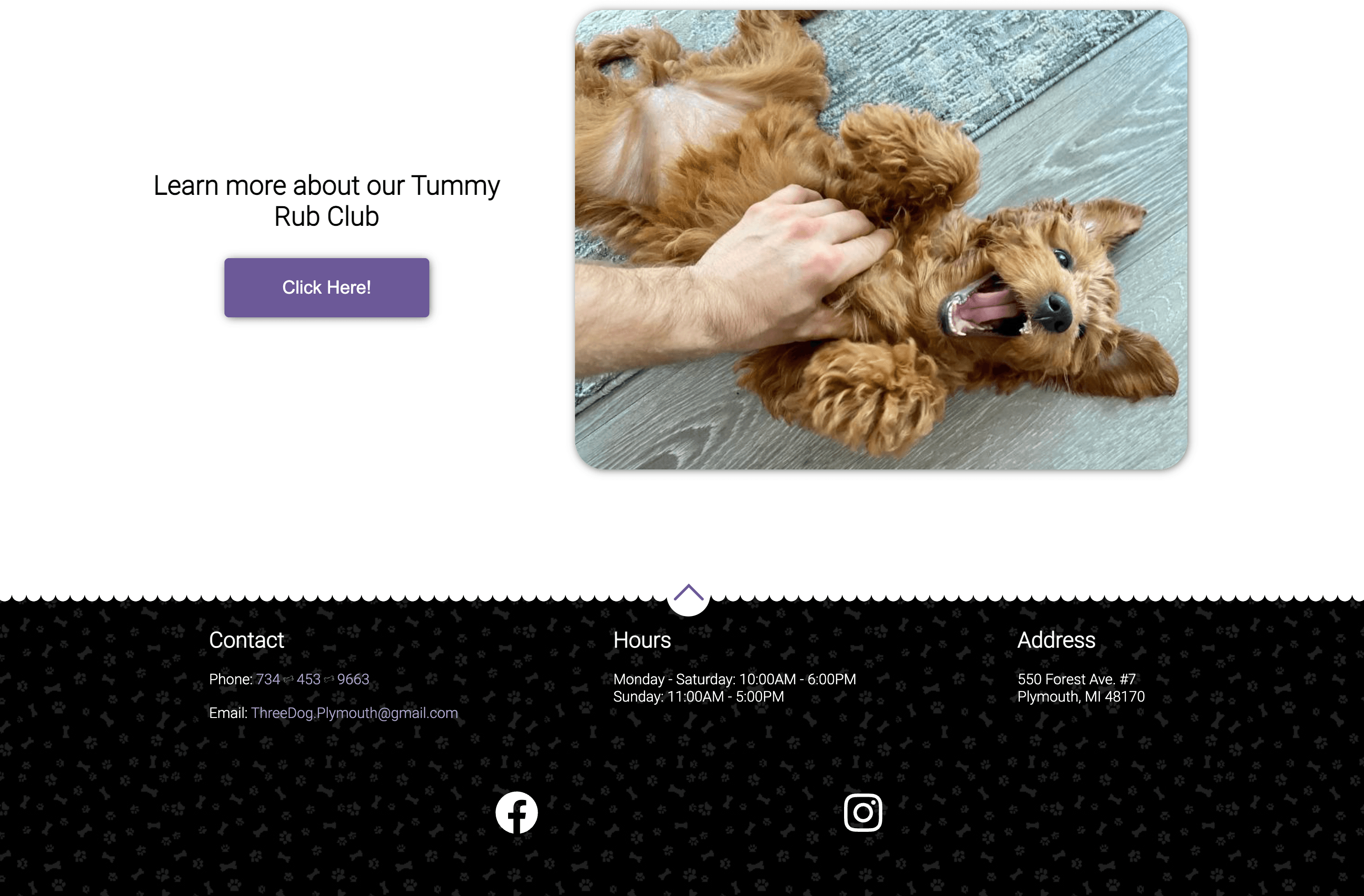 Three Dog Bakery Tummy Rub Club callout and site footer with hours and contact info