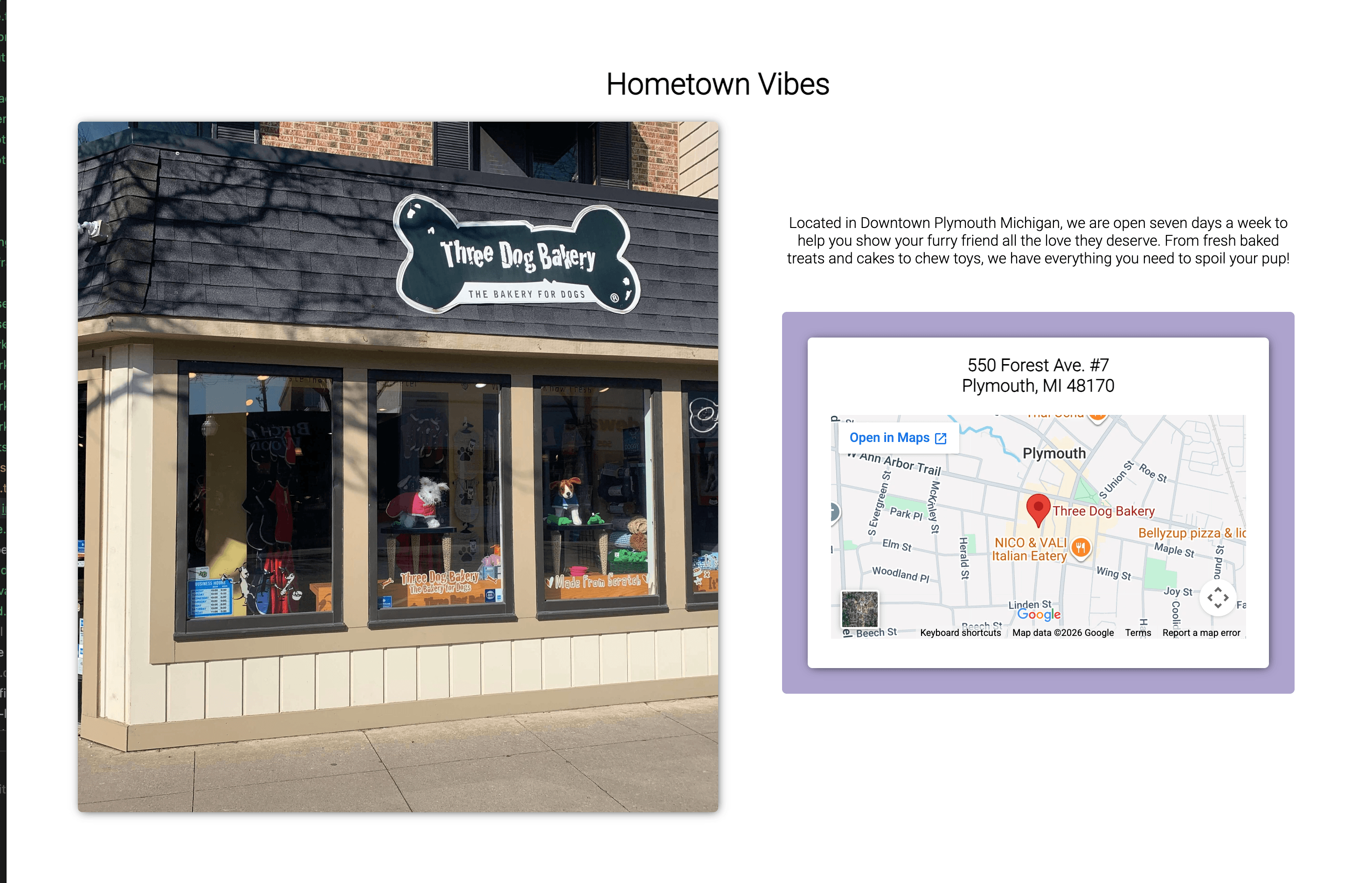 Three Dog Bakery storefront photo and store location map