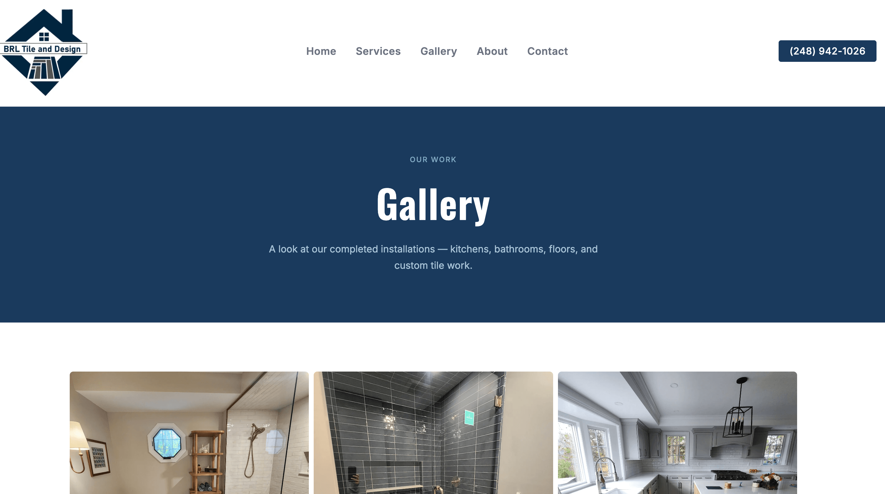 BRL Tile & Design gallery page with a grid of completed installations