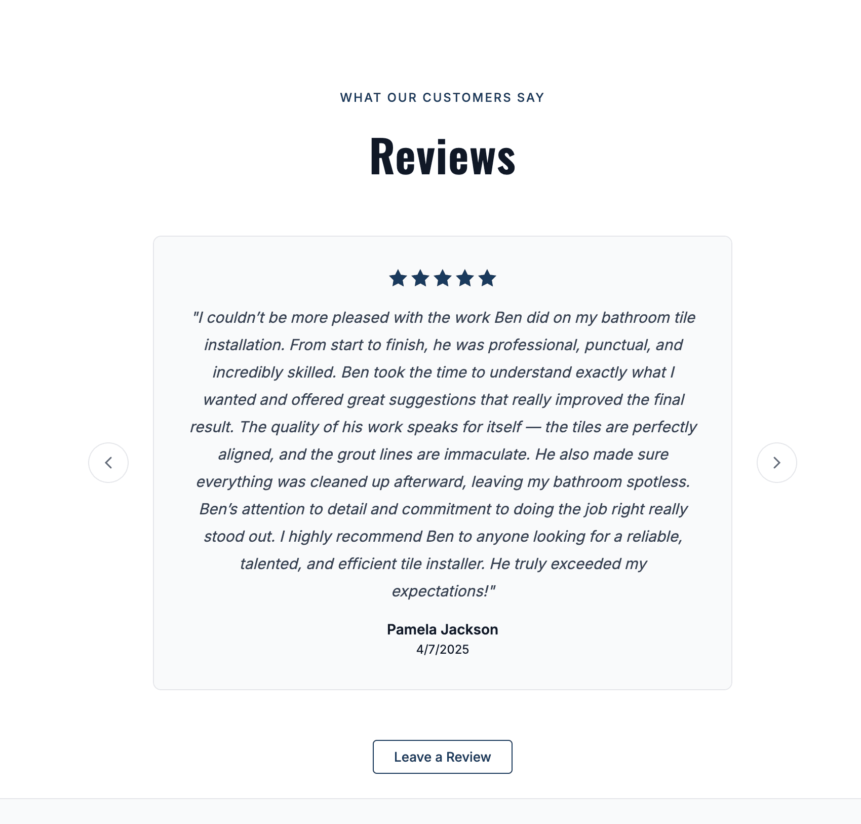Automated customer review carousel on the BRL Tile & Design site