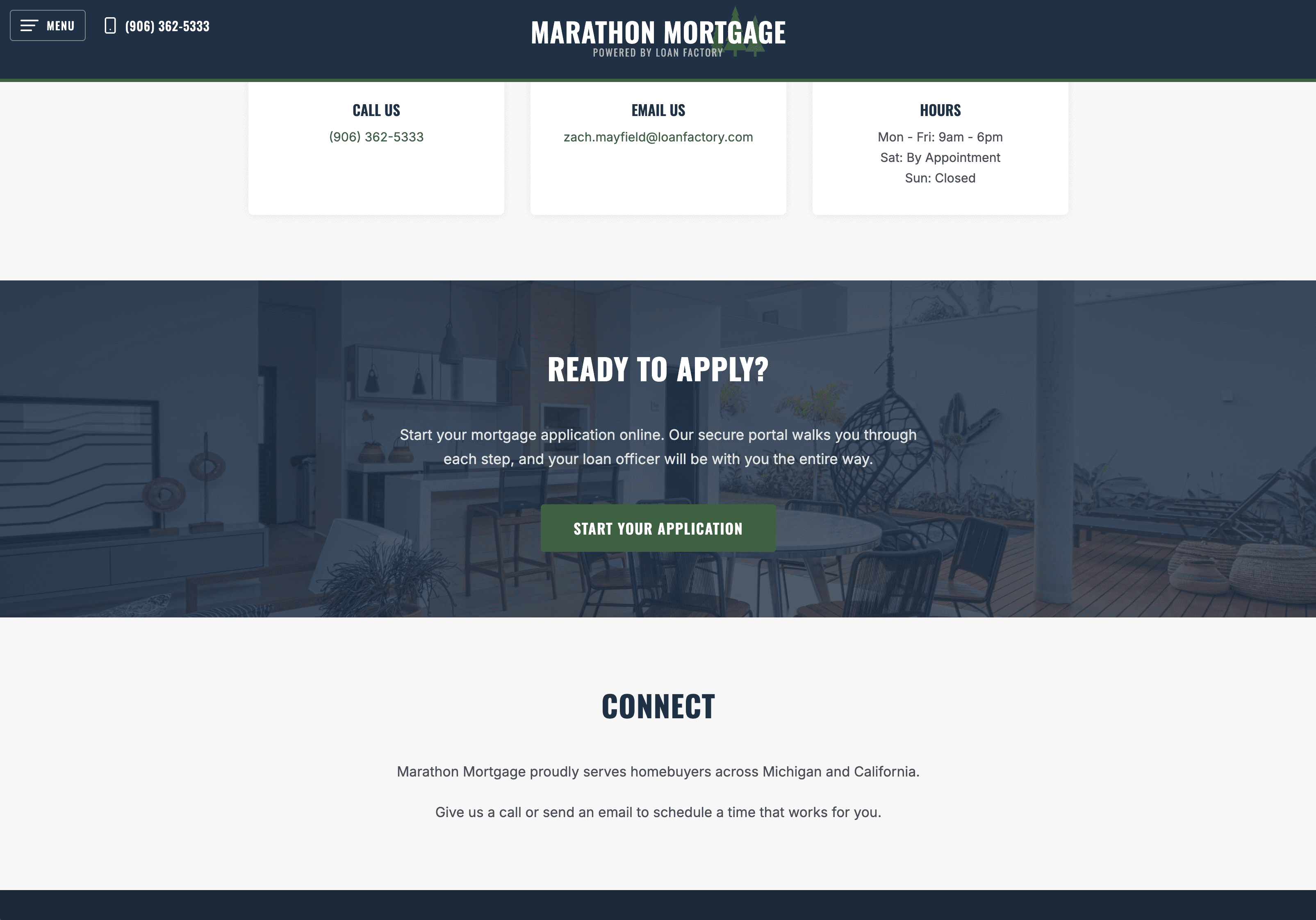 Marathon Mortgage contact info cards and Start Your Application call to action