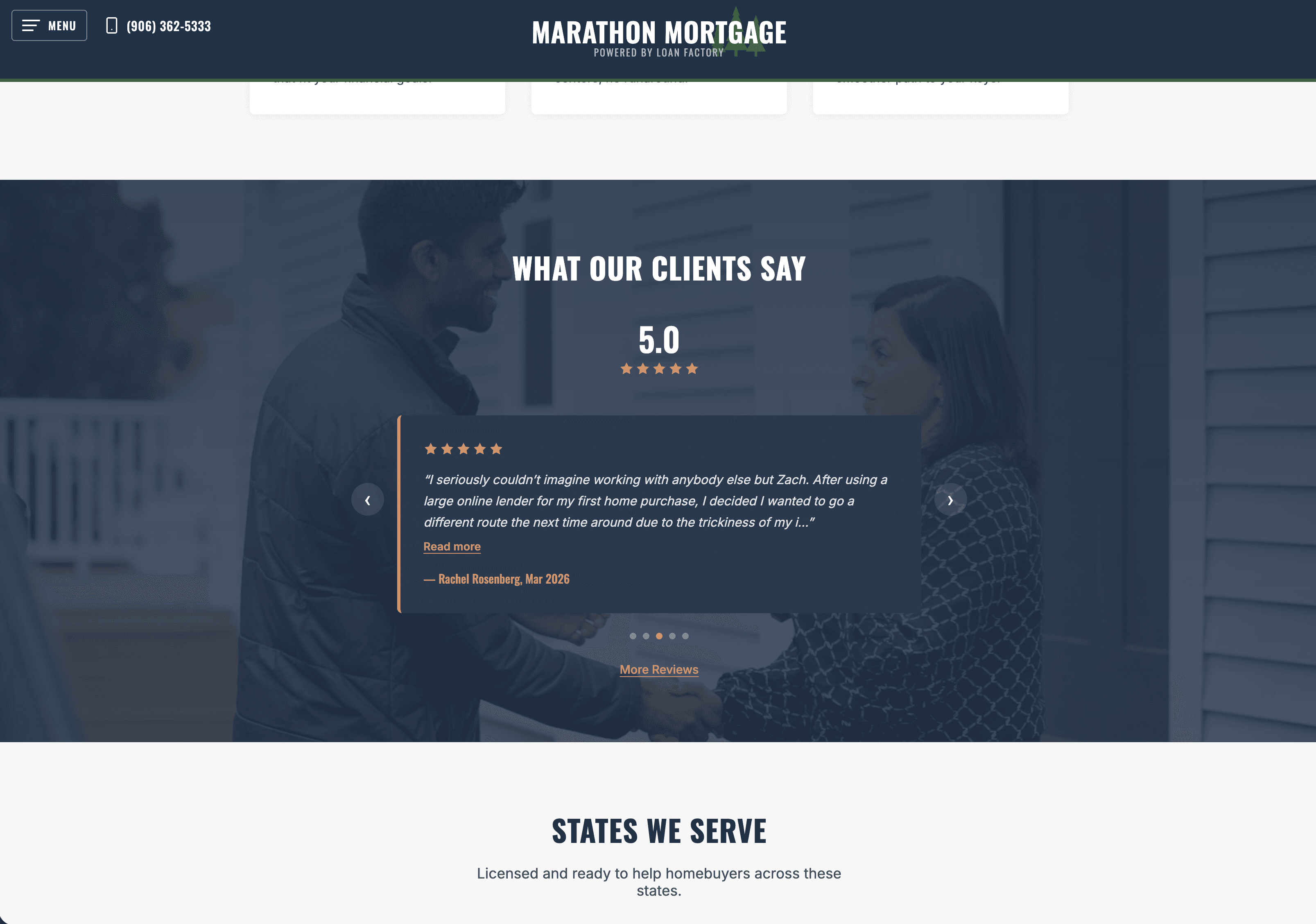 Marathon Mortgage Google reviews carousel showing a 5.0 rating